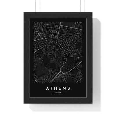 Athens street map poster in black, minimal city map print framed in a black frame