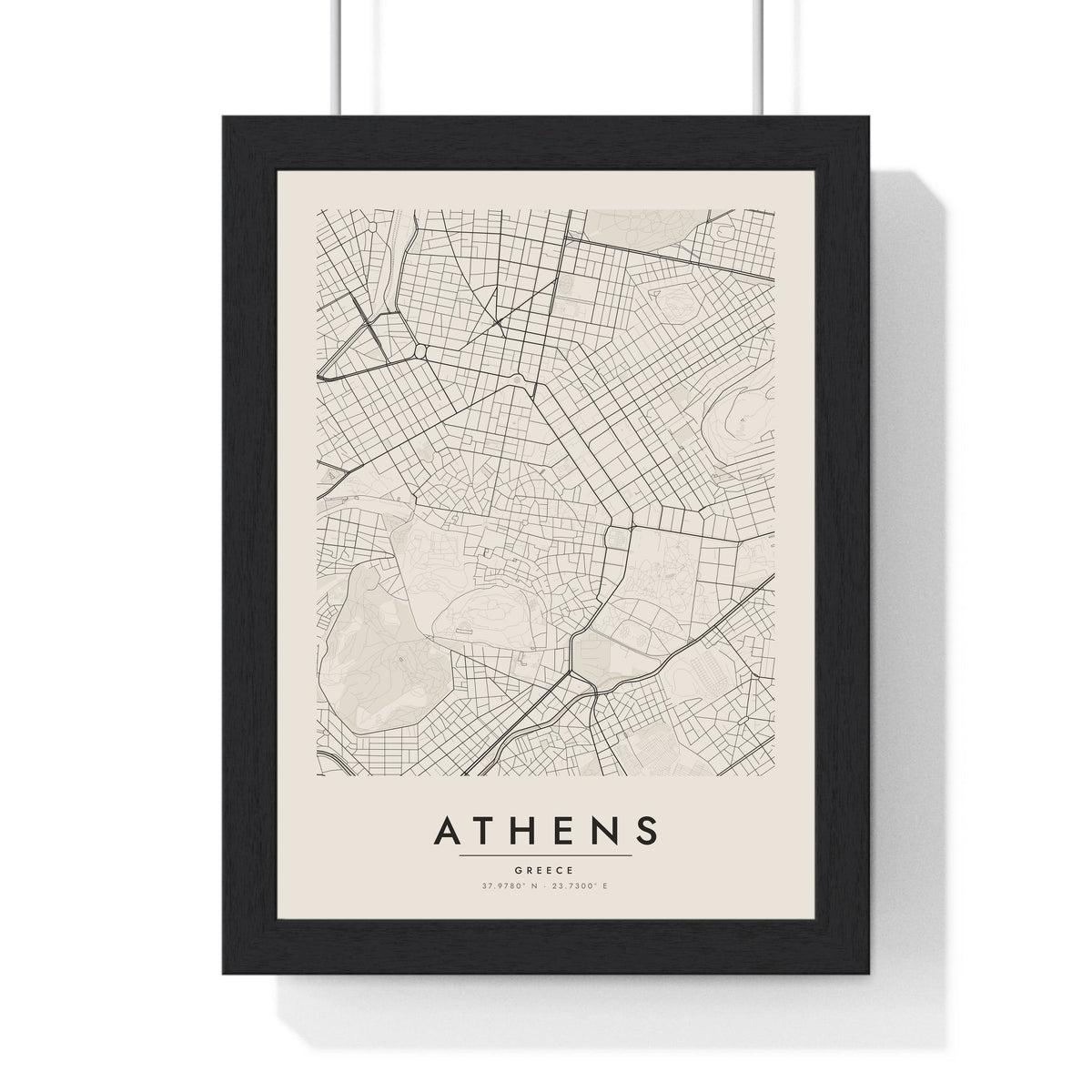 Athens street map poster in cream, minimal city map print framed in a black frame