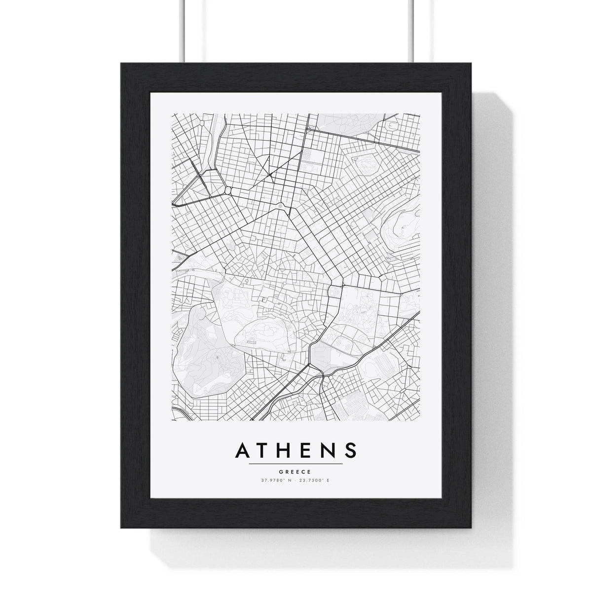 Athens street map poster in white, minimal city map print framed in a black frame