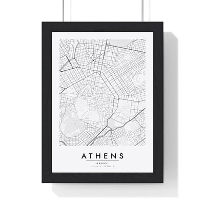 Athens street map poster in white, minimal city map print framed in a black frame
