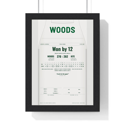 Augusta 1997 Golf Poster - Caddie Overalls 12 Shot Win Print framed in a black frame, ready to hang