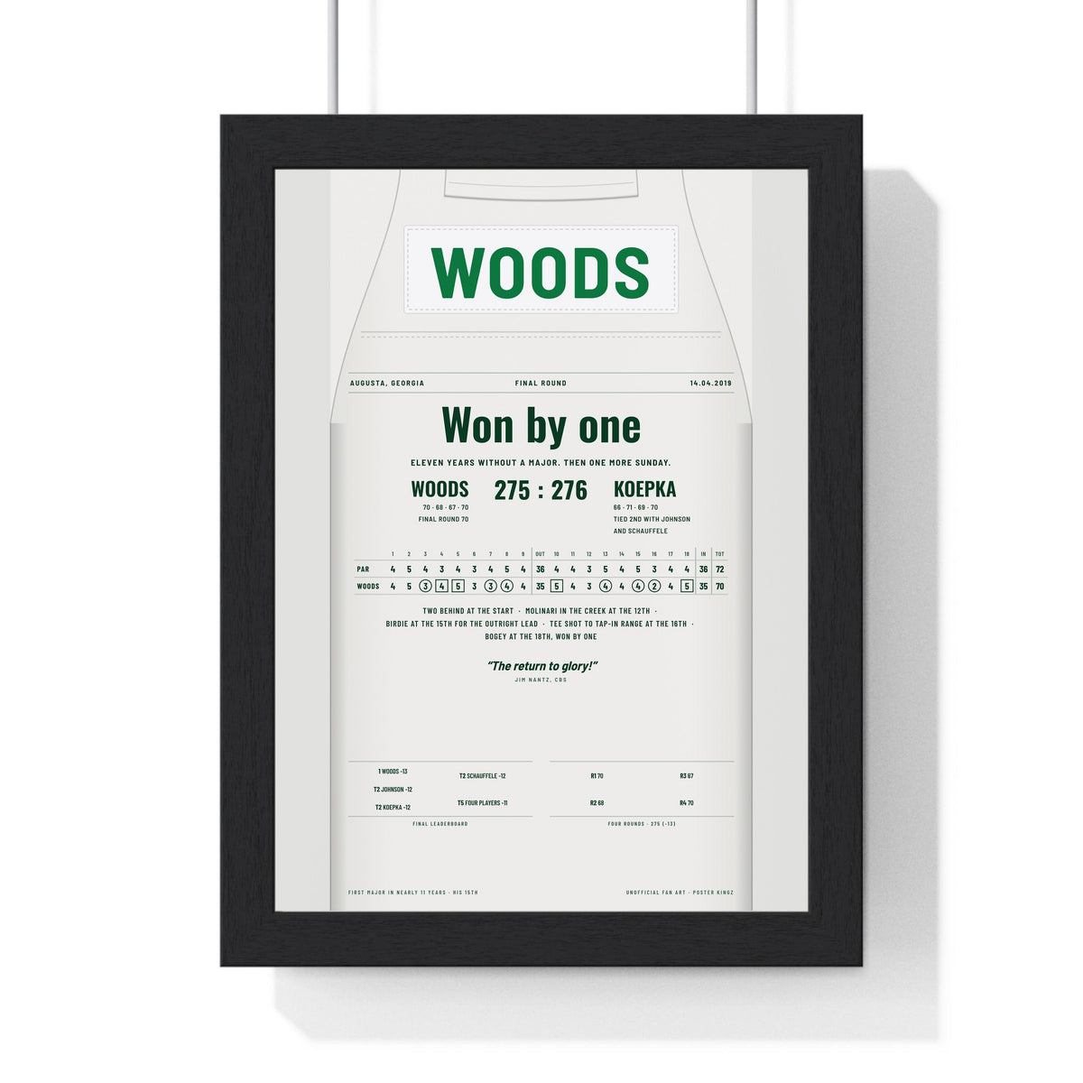 Augusta 2019 Golf Poster - Caddie Overalls Comeback Win Print framed in a black frame, ready to hang