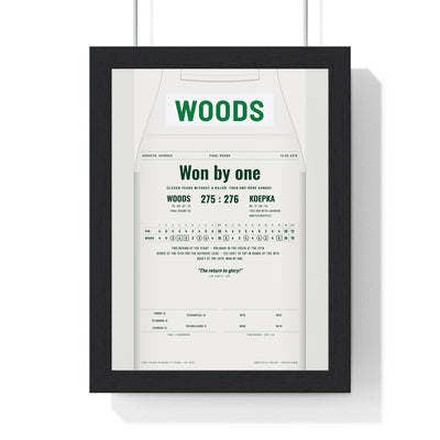 Augusta 2019 Golf Poster - Caddie Overalls Comeback Win Print framed in a black frame, ready to hang