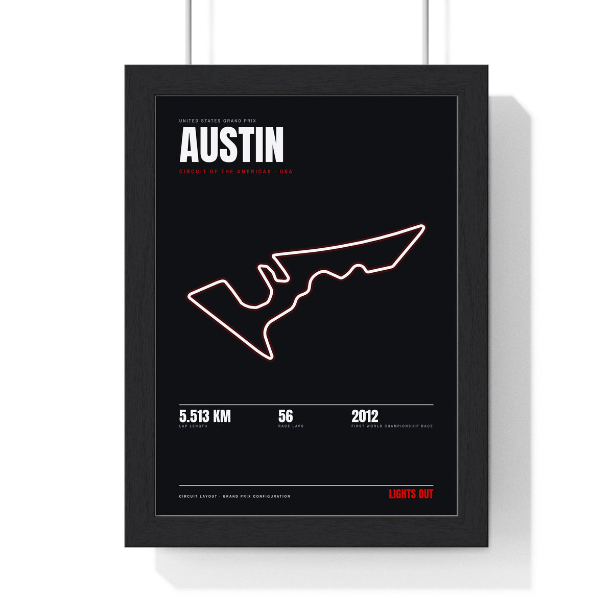 Austin Circuit print framed in a black frame, ready to hang