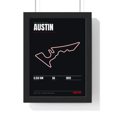 Austin Circuit print framed in a black frame, ready to hang