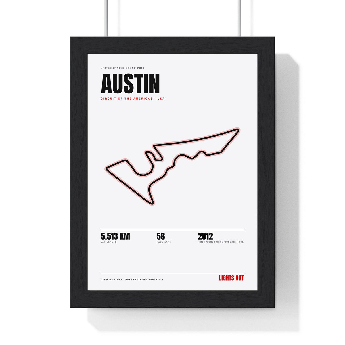 Austin Circuit print White framed in a black frame, ready to hang