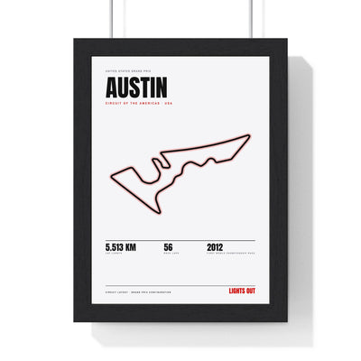 Austin Circuit print White framed in a black frame, ready to hang