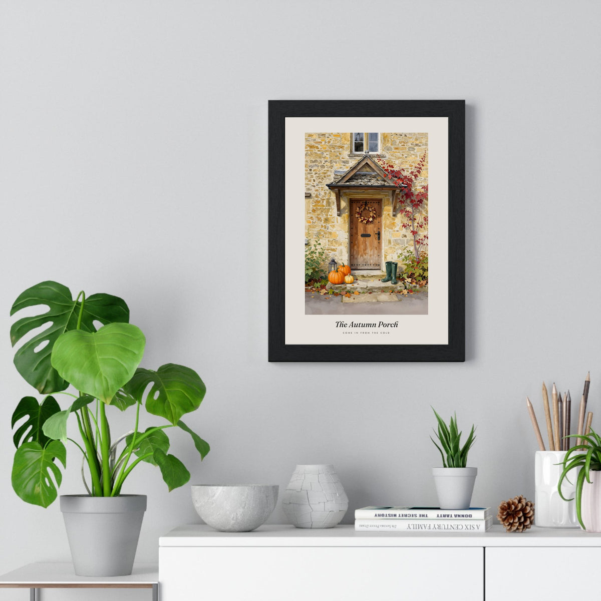 The Autumn Porch Print framed on a living room wall