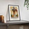 The Autumn Porch Print framed and leaning on a sideboard