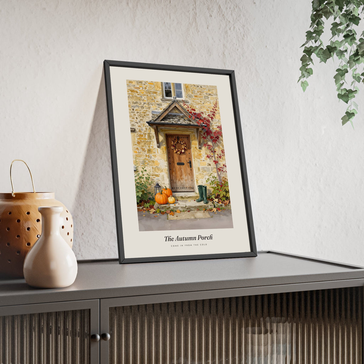 The Autumn Porch Print framed and leaning on a sideboard