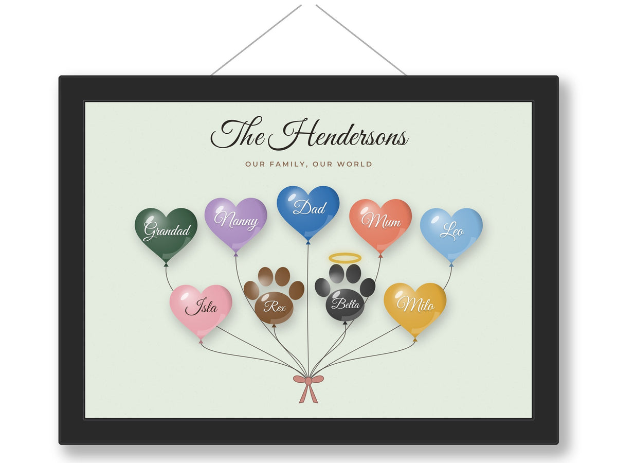 Personalised Family Balloon Print - nine balloon family print with pets