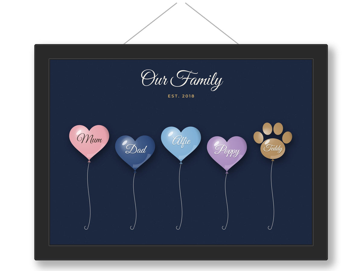 Personalised Family Balloon Print - navy balloons on strings