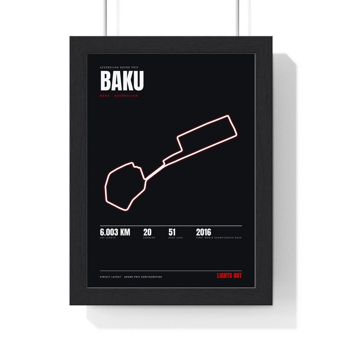 Baku Circuit print framed in a black frame, ready to hang