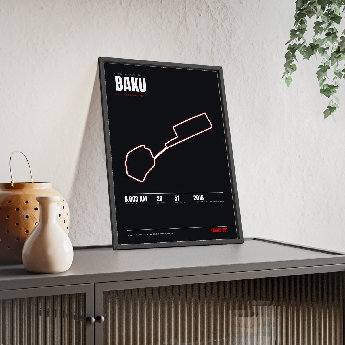 Baku Circuit print framed and leaning on a sideboard