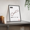Baku Circuit print White framed and leaning on a sideboard