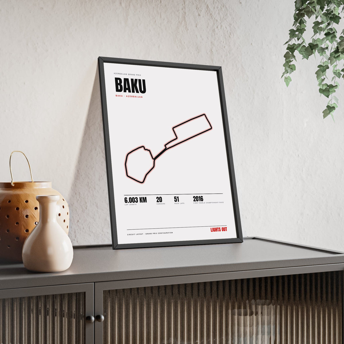 Baku Circuit print White framed and leaning on a sideboard