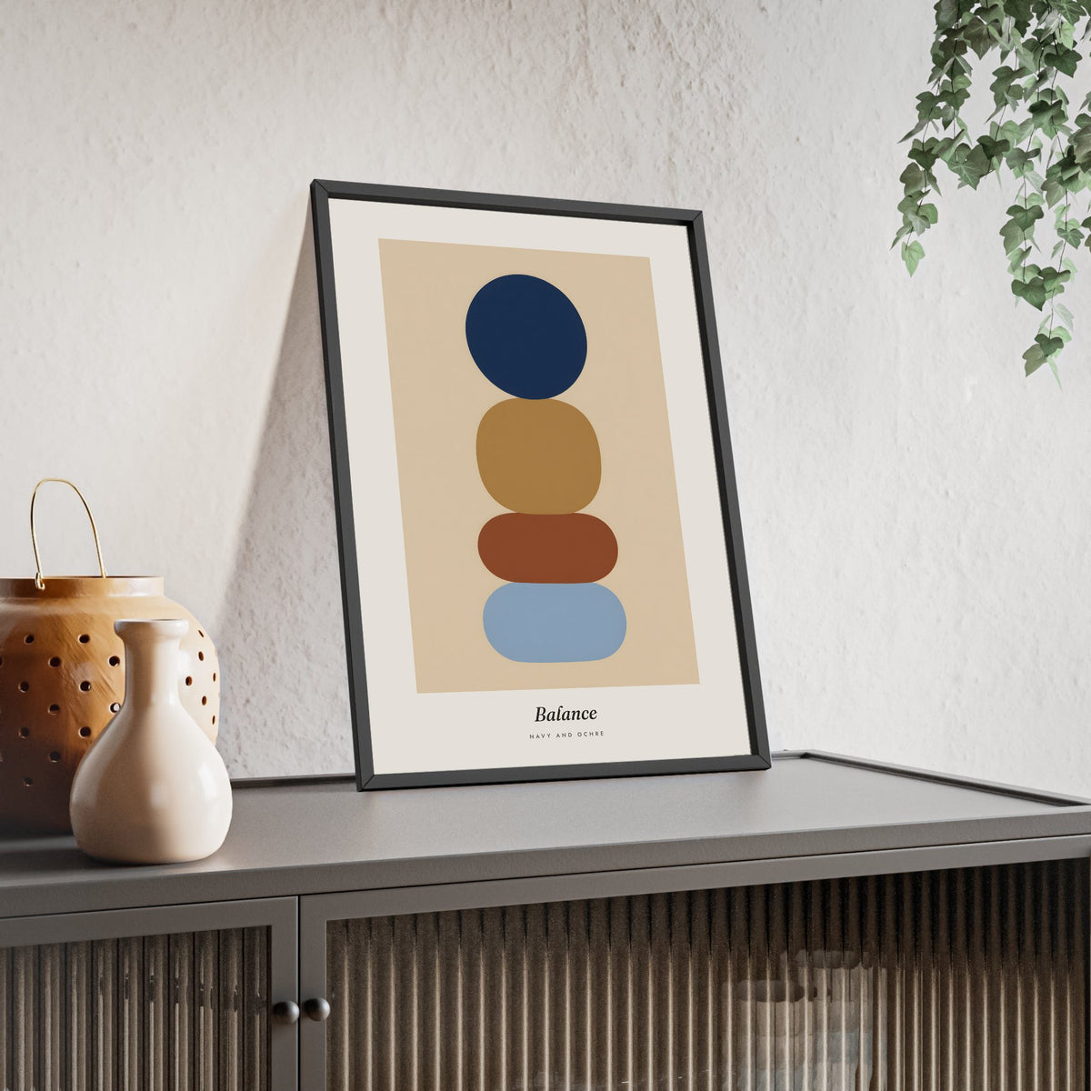 Balance Abstract Print - Home Office Wall Art framed and leaning on a sideboard