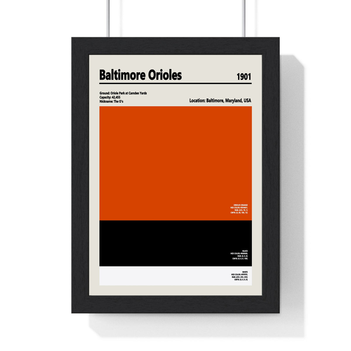 Baltimore Orioles colour swatch print framed in a black frame, ready to hang