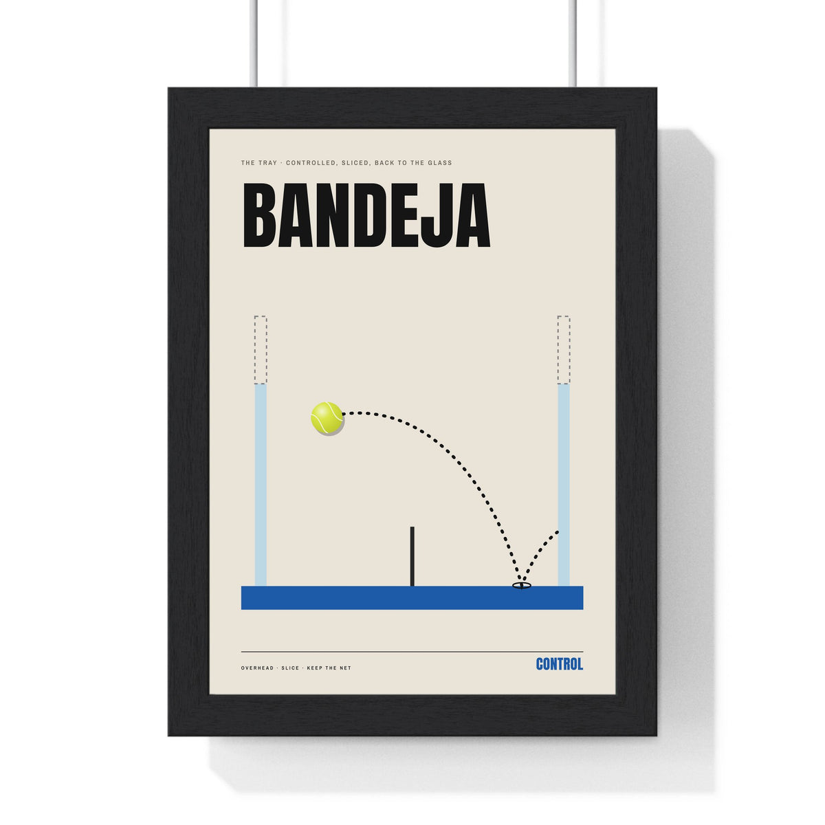 Bandeja Padel print framed in a black frame, ready to hang