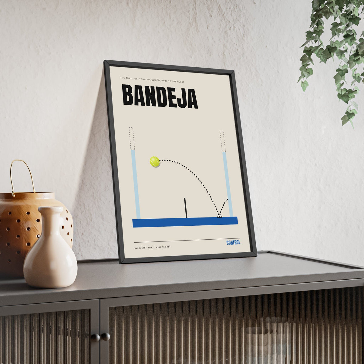 Bandeja Padel print framed and leaning on a sideboard