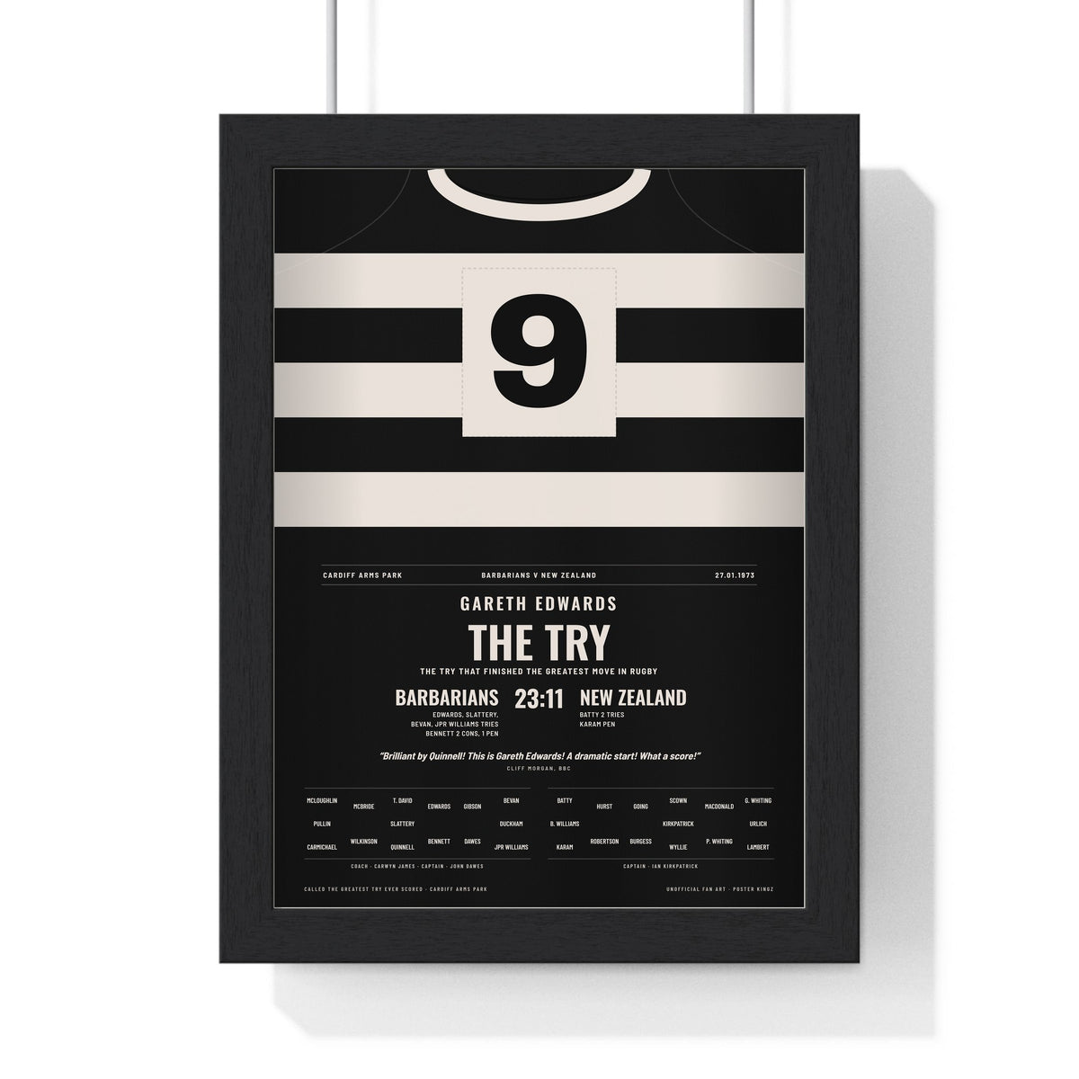 Barbarians v All Blacks 1973 Poster - Gareth Edwards 9 The Try Cardiff Arms Park Print framed in a black frame, ready to hang