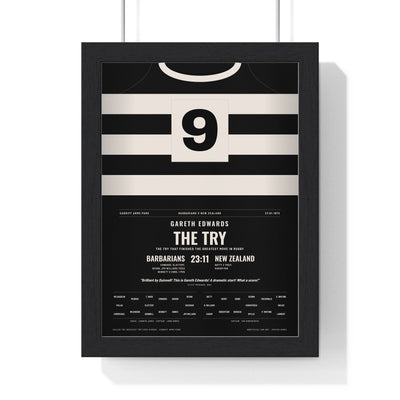 Barbarians v All Blacks 1973 Poster - Gareth Edwards 9 The Try Cardiff Arms Park Print framed in a black frame, ready to hang