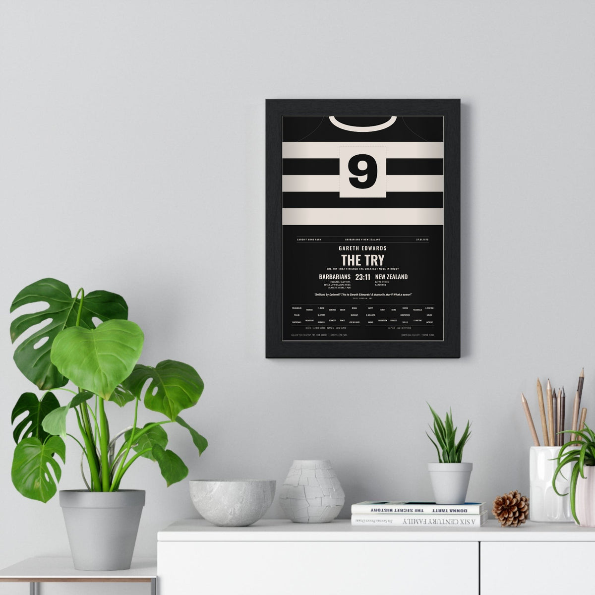 Barbarians v All Blacks 1973 Poster - Gareth Edwards 9 The Try Cardiff Arms Park Print framed on a living room wall