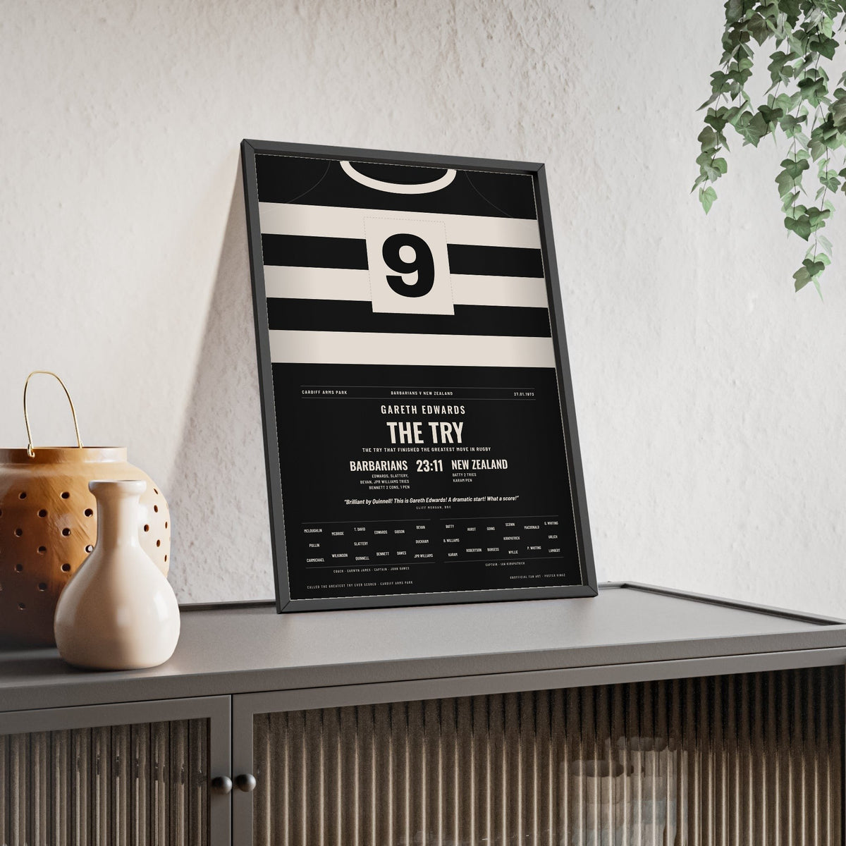 Barbarians v All Blacks 1973 Poster - Gareth Edwards 9 The Try Cardiff Arms Park Print framed and leaning on a sideboard