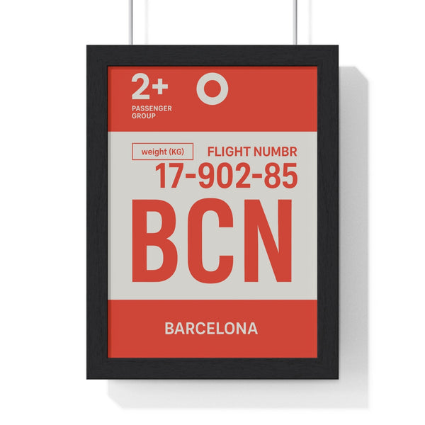 Framed Barcelona boarding pass poster minimal travel wall art in black frame