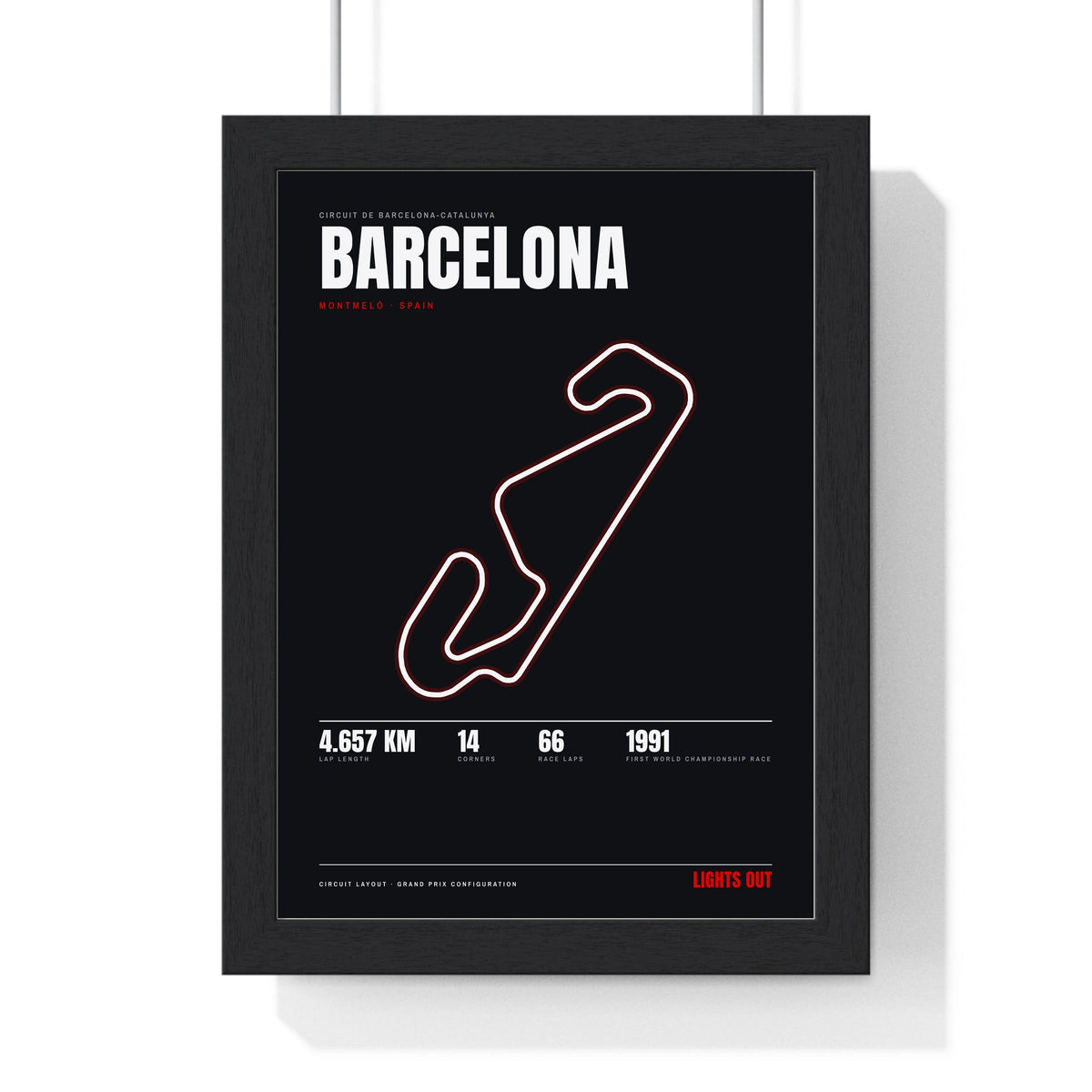 Barcelona Circuit print framed in a black frame, ready to hang