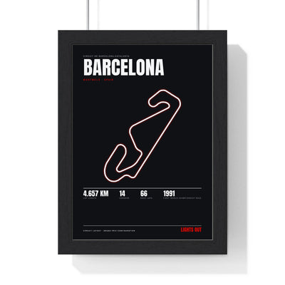 Barcelona Circuit print framed in a black frame, ready to hang