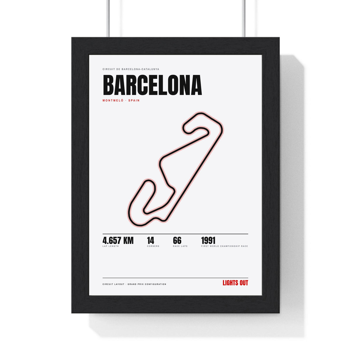 Barcelona Circuit print White framed in a black frame, ready to hang