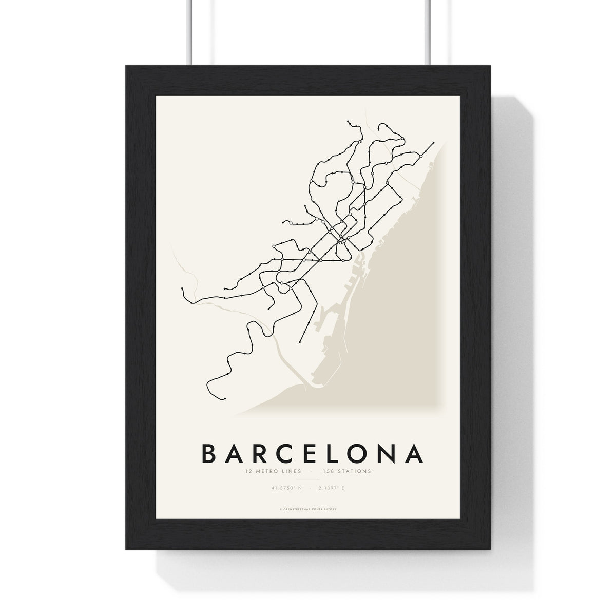 Barcelona Metro Map Print - framed minimal Barcelona metro lines map print, black lines on cream paper