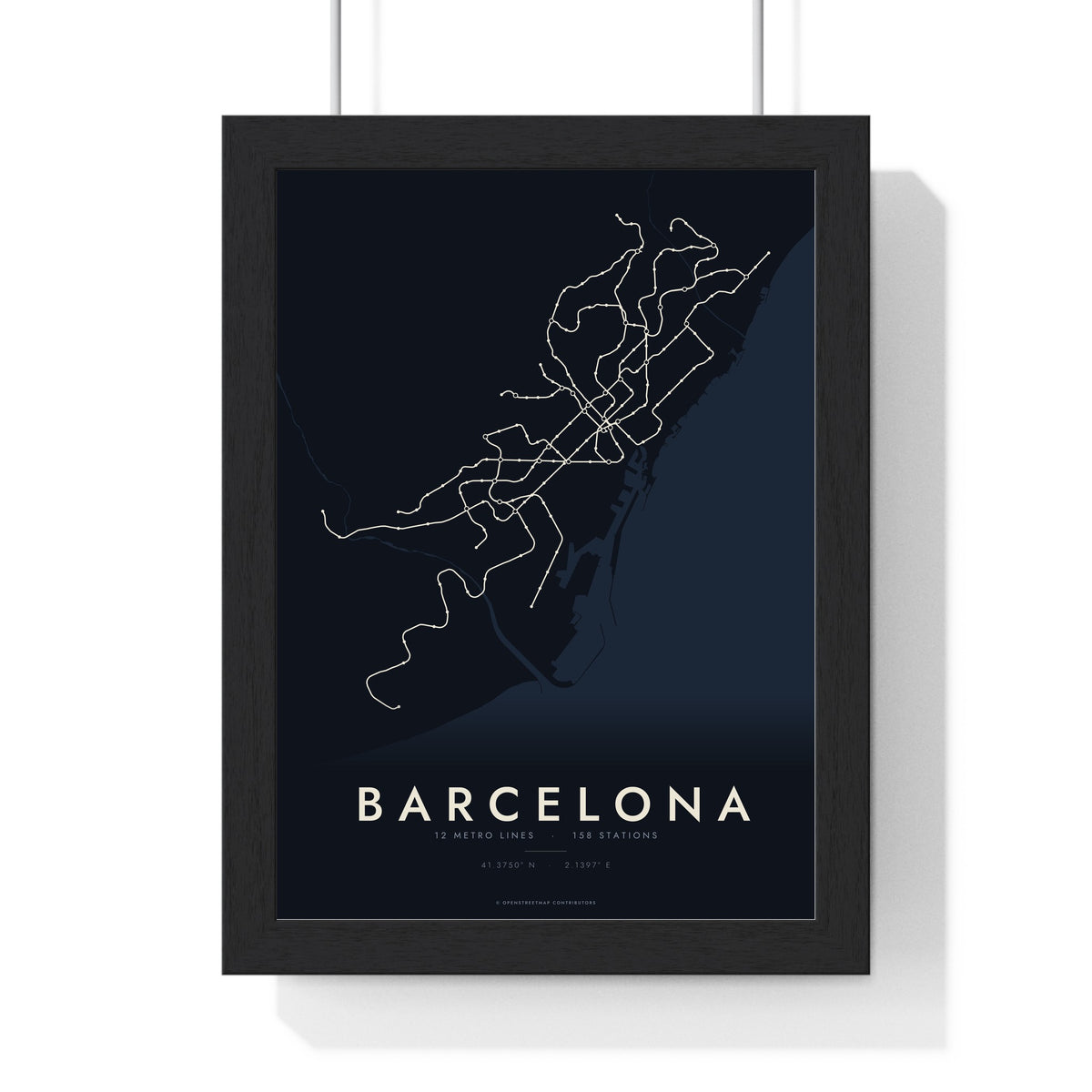 Barcelona Metro Map Print - framed night style Barcelona metro lines print
