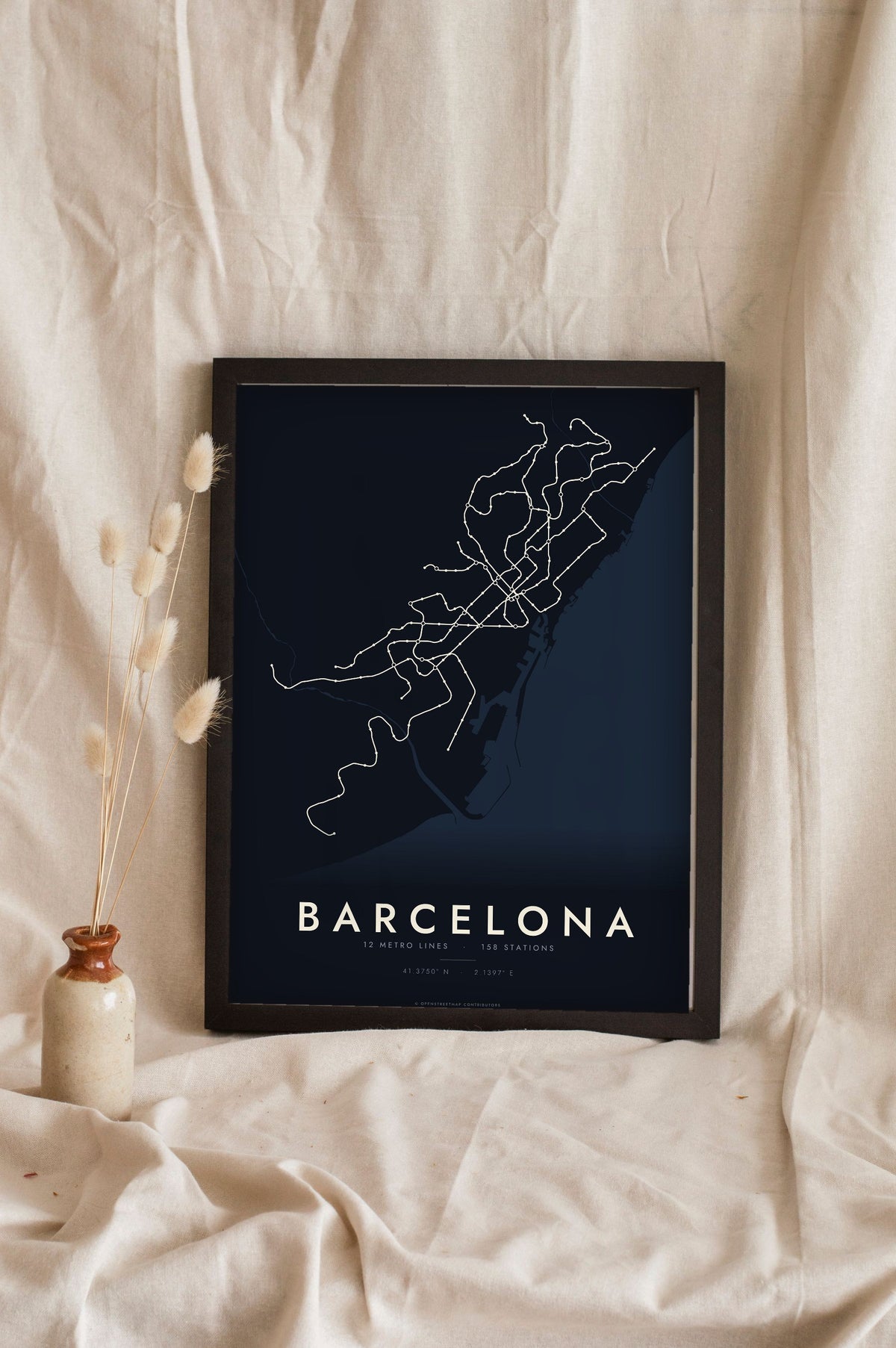Barcelona Metro Map Print - night style Barcelona metro map print, light lines on a dark ground