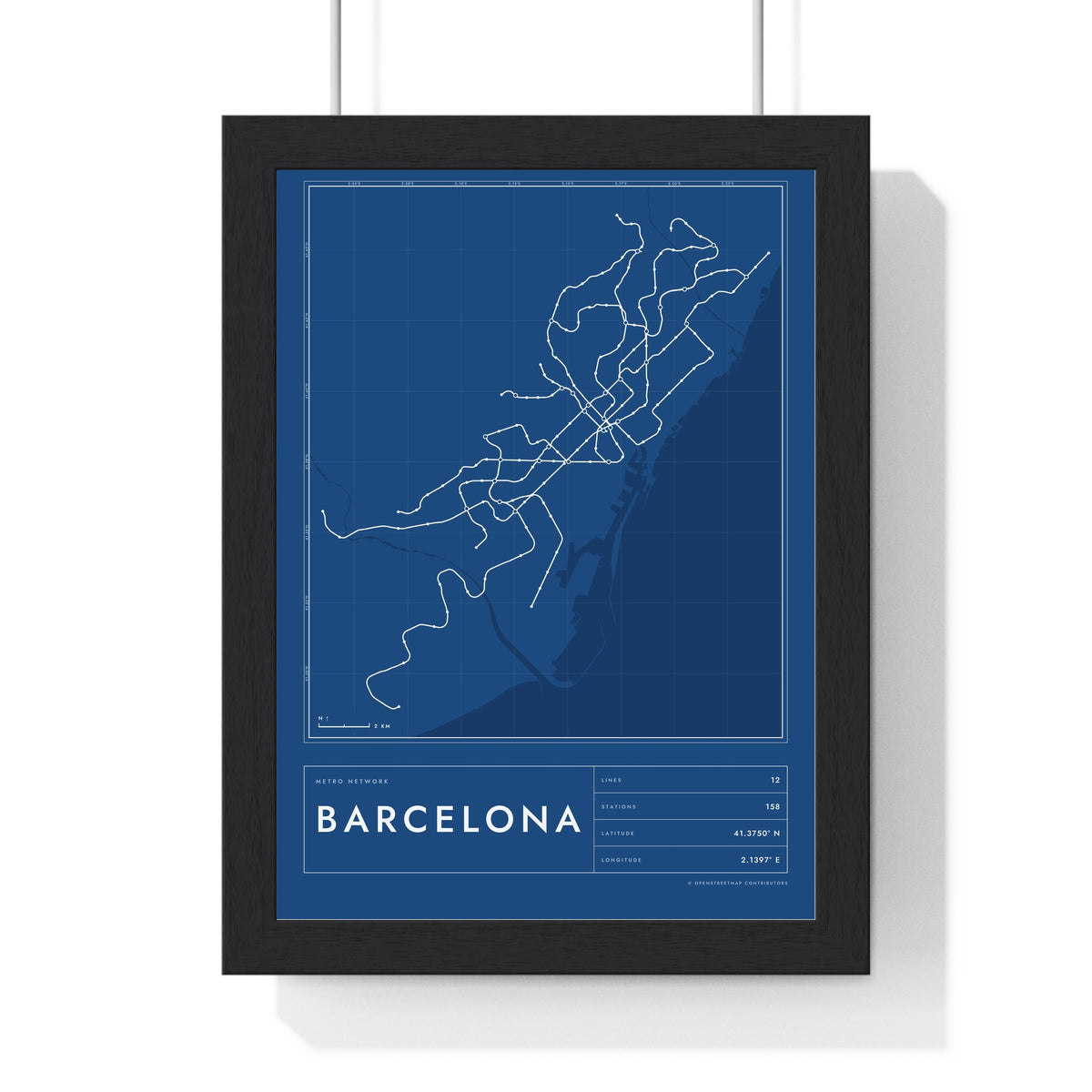 Barcelona Metro Map Print - framed blueprint style Barcelona metro map print with grid and scale bar