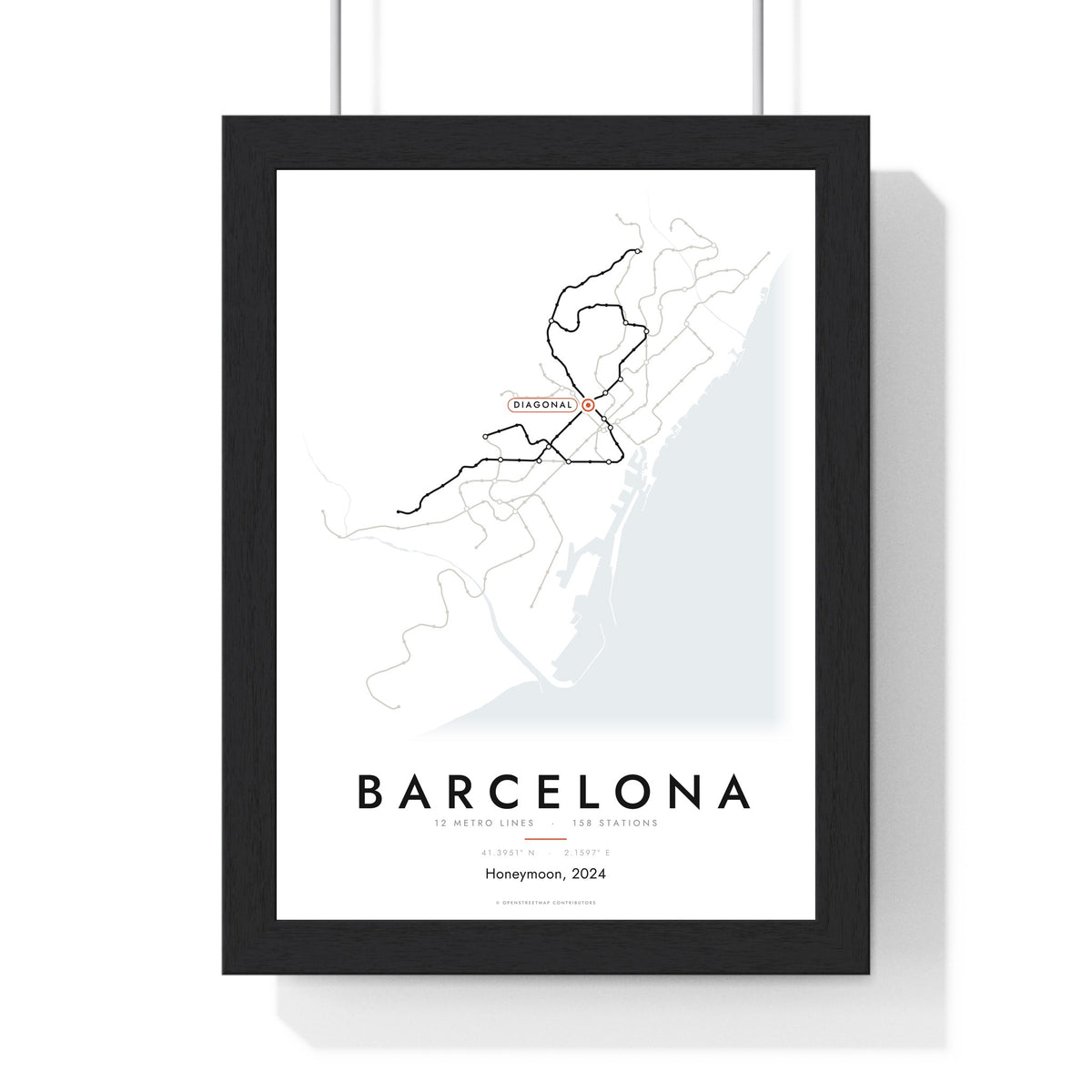 Barcelona Metro Map Print - framed Barcelona metro map print with a highlighted station and caption