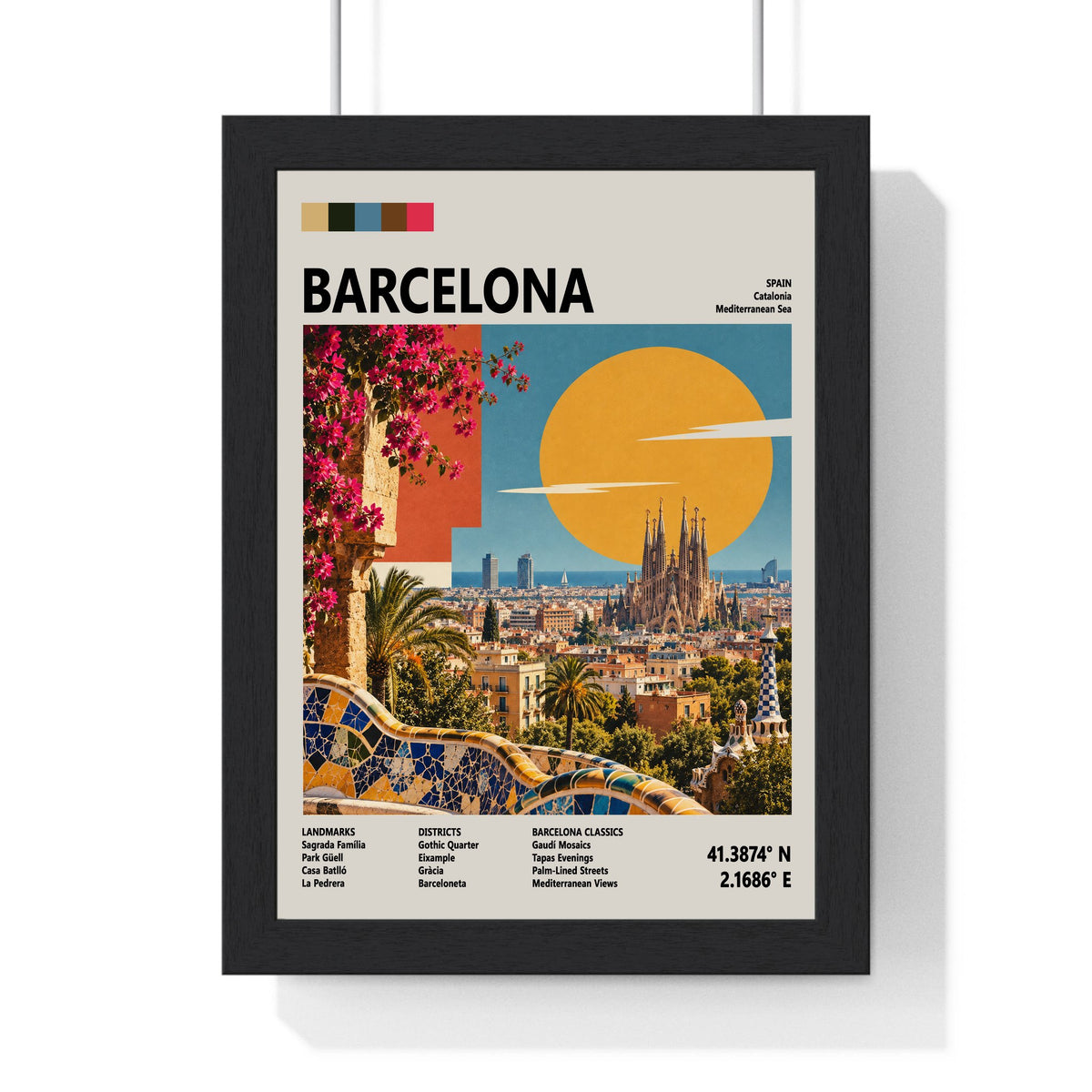 Barcelona Mid Century Travel print framed in a black frame, ready to hang