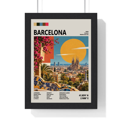 Barcelona Mid Century Travel print framed in a black frame, ready to hang
