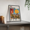 Barcelona Mid Century Travel print framed and leaning on a sideboard