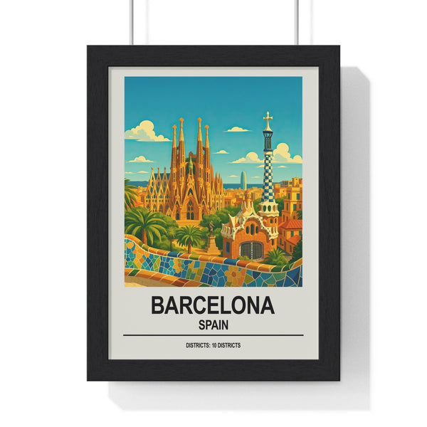 Framed Barcelona travel poster featuring Sagrada Familia and Park Güell vintage wall art