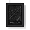 Barcelona street map poster in black, minimal city map print framed in a black frame