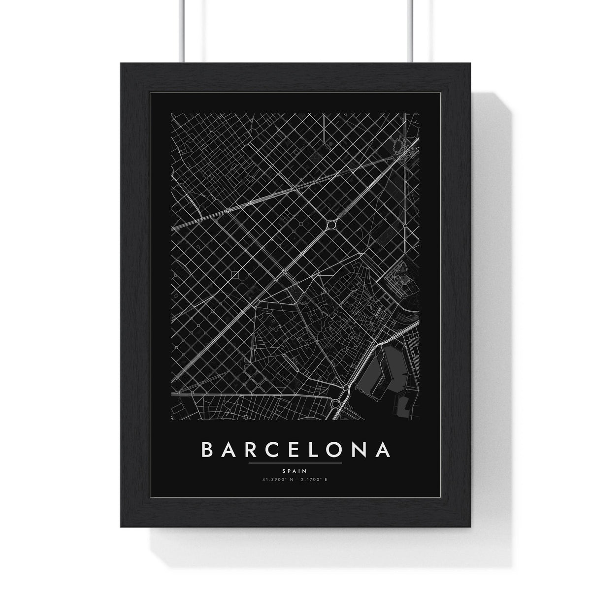 Barcelona street map poster in black, minimal city map print framed in a black frame