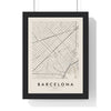 Barcelona street map poster in cream, minimal city map print framed in a black frame