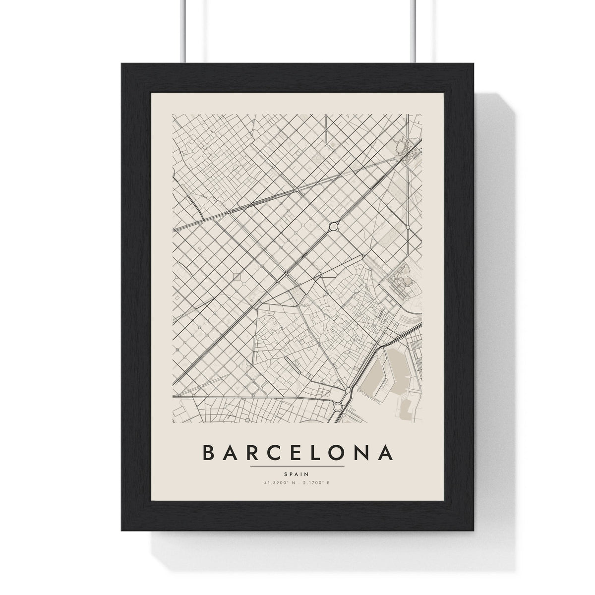 Barcelona street map poster in cream, minimal city map print framed in a black frame