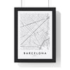 Barcelona street map poster in white, minimal city map print framed in a black frame