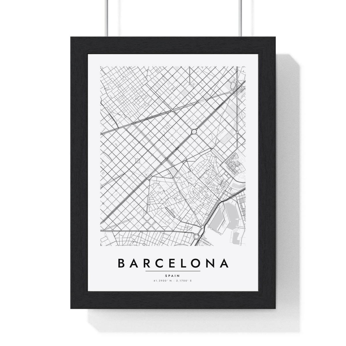 Barcelona street map poster in white, minimal city map print framed in a black frame