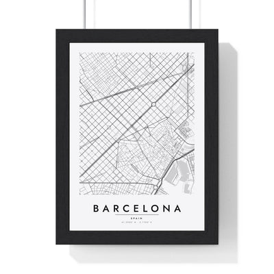 Barcelona street map poster in white, minimal city map print framed in a black frame