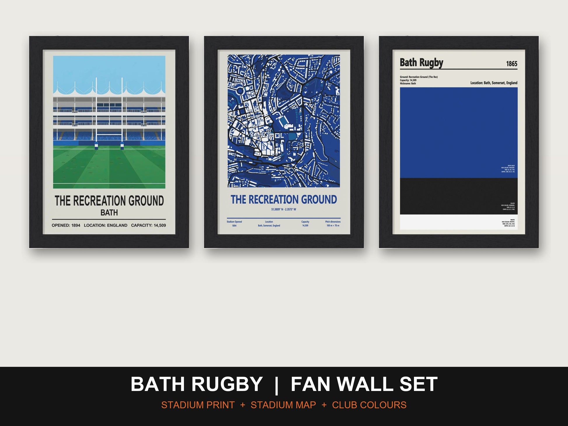 Bath Rugby Fan Wall Set | The Recreation Ground Print, Stadium Map & Club Colours