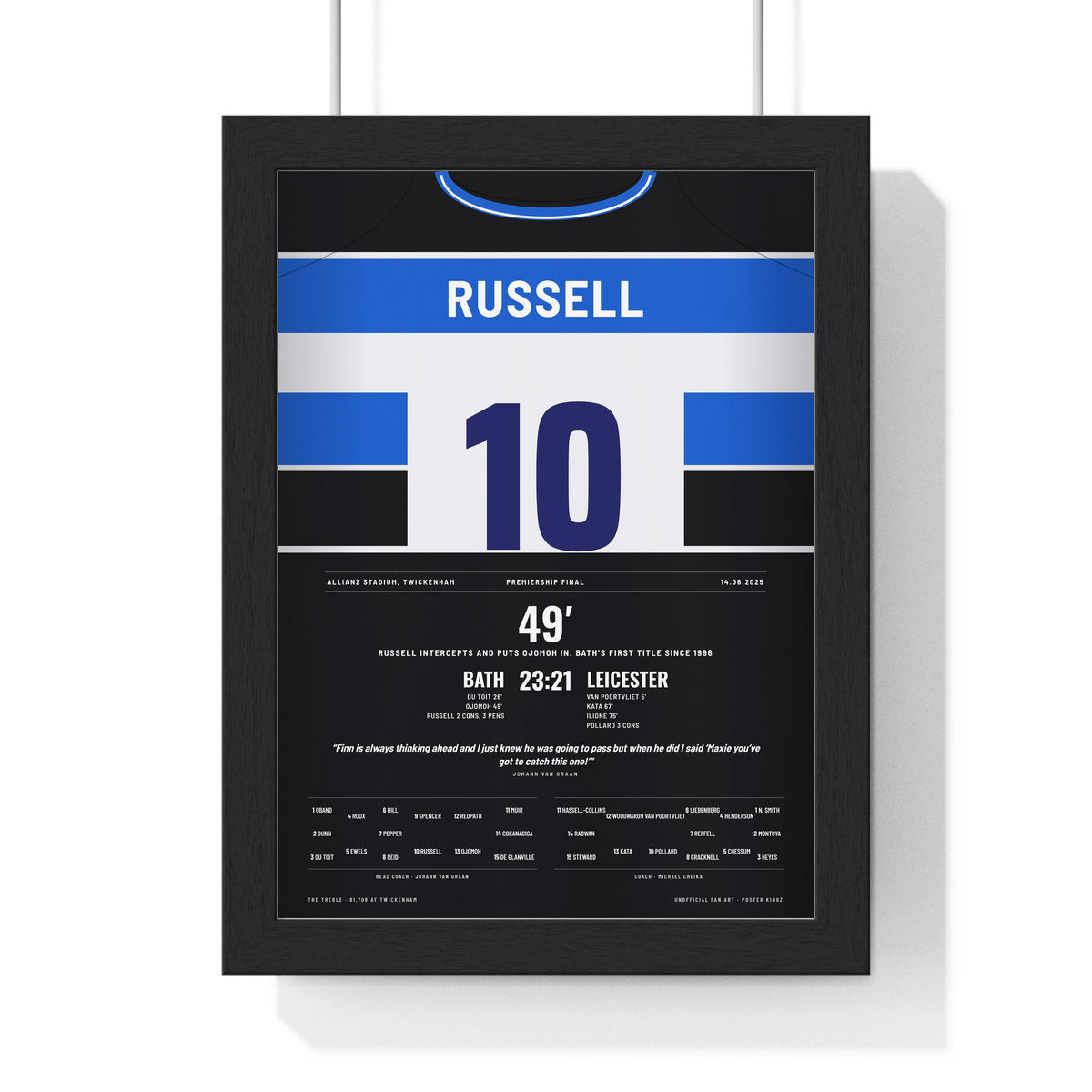 Bath Rugby Premiership Final 2025 Poster - Finn Russell 10 Twickenham Treble Print framed in a black frame, ready to hang